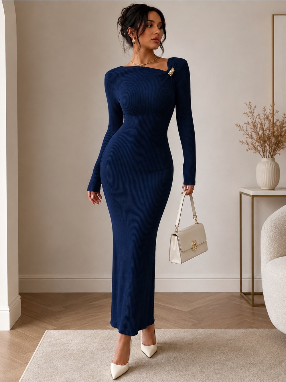 Elegant Navy Long-Sleeve Ribbed Maxi Dress